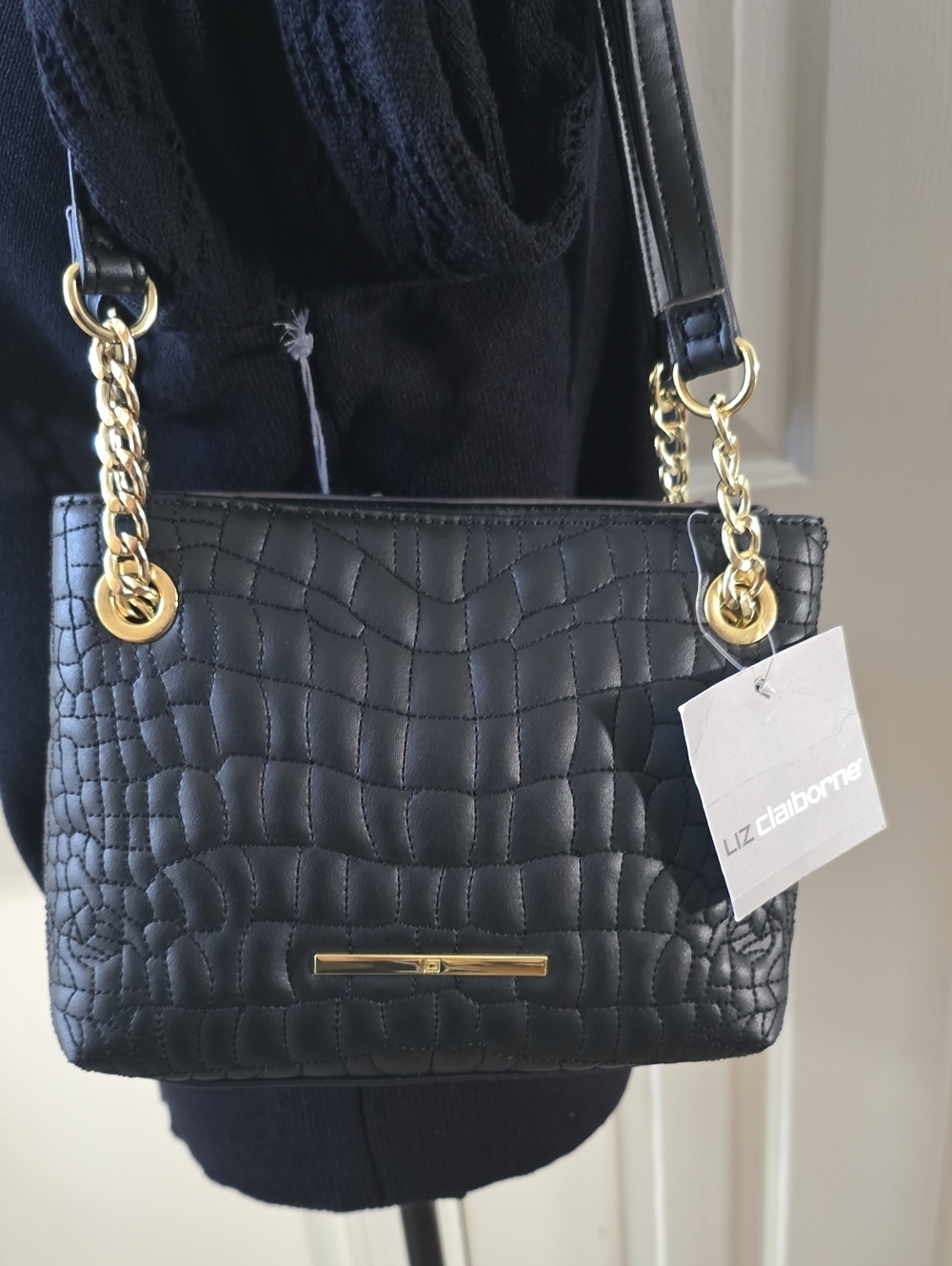 Liz Claiborne Brand Women's Black Quilted Shoulder Bag with Gold Chain Strap